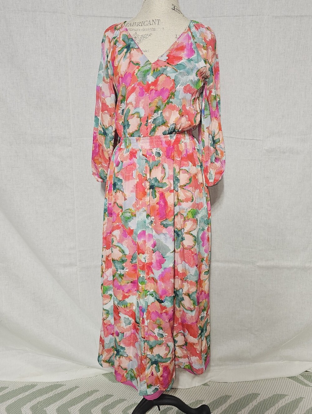 Soft Surroundings Pink Multi Floral V-Neck Long Sleeve Maxi Dress